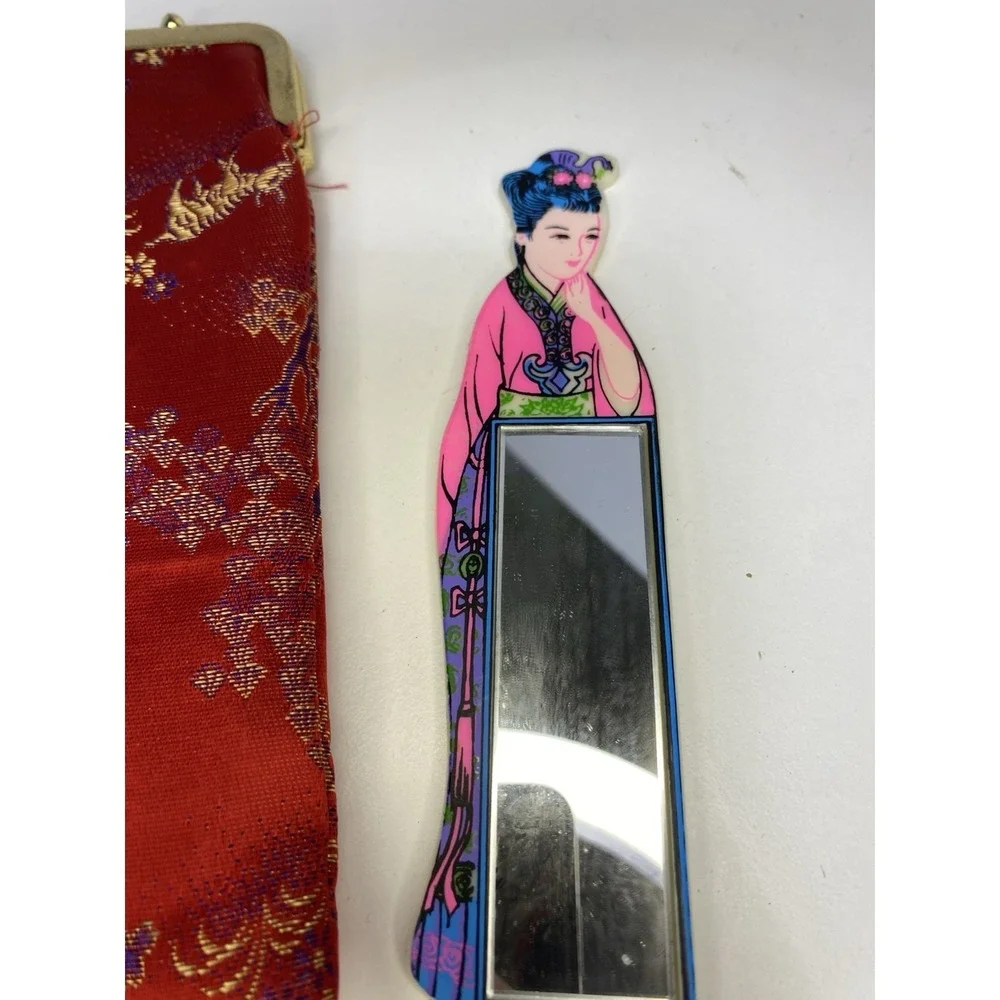Vintage Geisha Girls Painted‎ Comb & Mirror Set Hong Kong Collectible Vanity Art